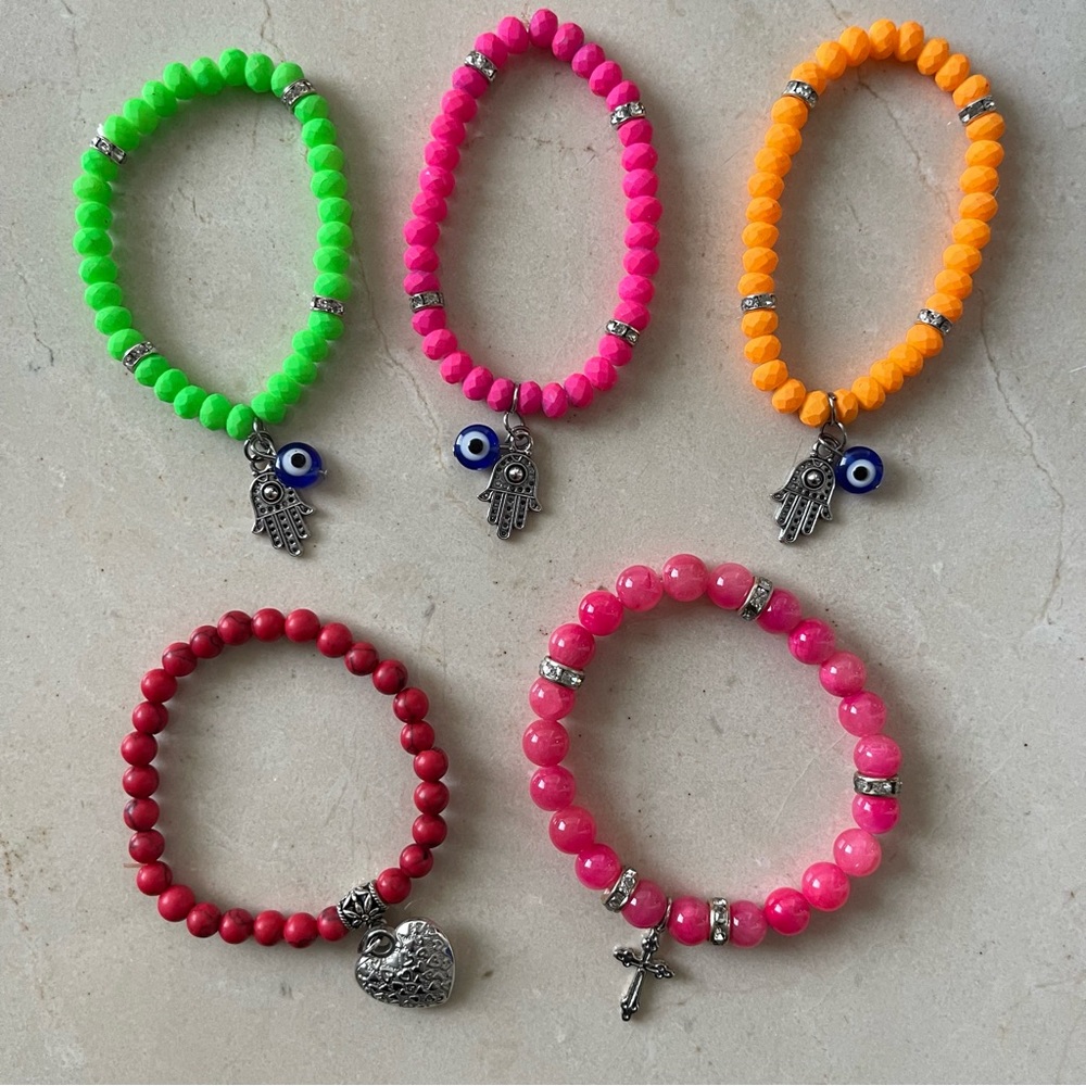 5 Stretch Bracelets Heart Cross Hamsa Hand Evil Eye